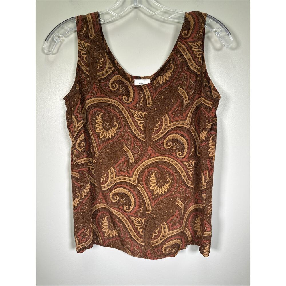 VTG Gantos Tank Top 4‎ Silver Brown Red Paisley Print 100% Silk Y2K Preppy